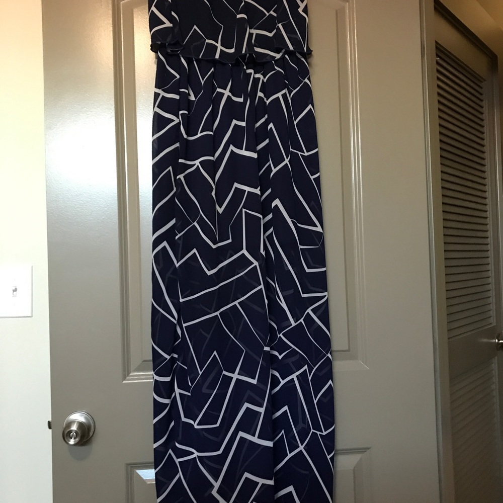 Navy and white patterned maxi dress