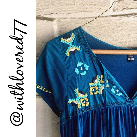 sfera Dresses & Skirts - Boho Embroidered Teal Dress With Pockets ✨🌻✨