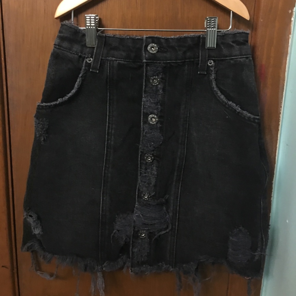Distressed denim button skirt