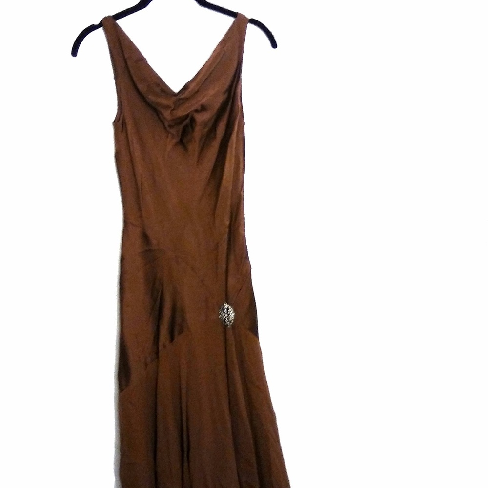 100% Silk Brown Dress, Size 6 (vintage bias cut)