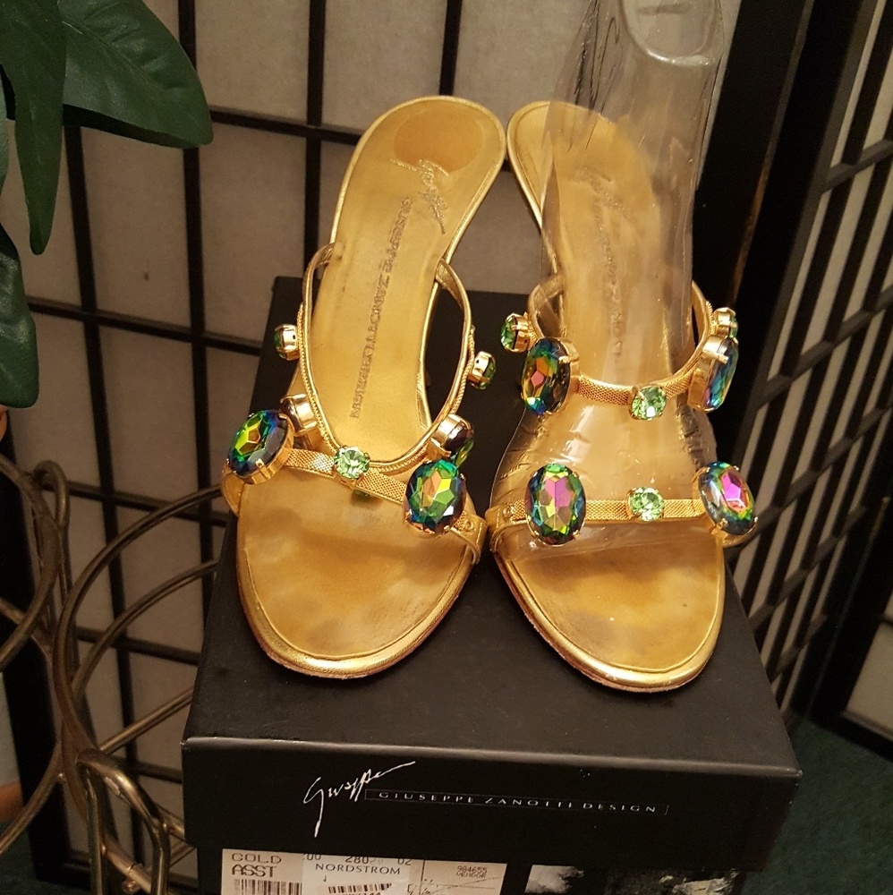 Gold open toe heels  by Giuseppe Zanotti Design