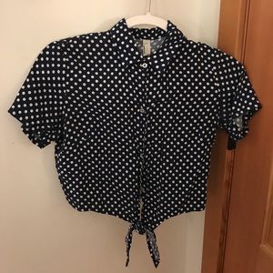 AA Polka Dot Tie-Up Button-Up Crop Blouse
