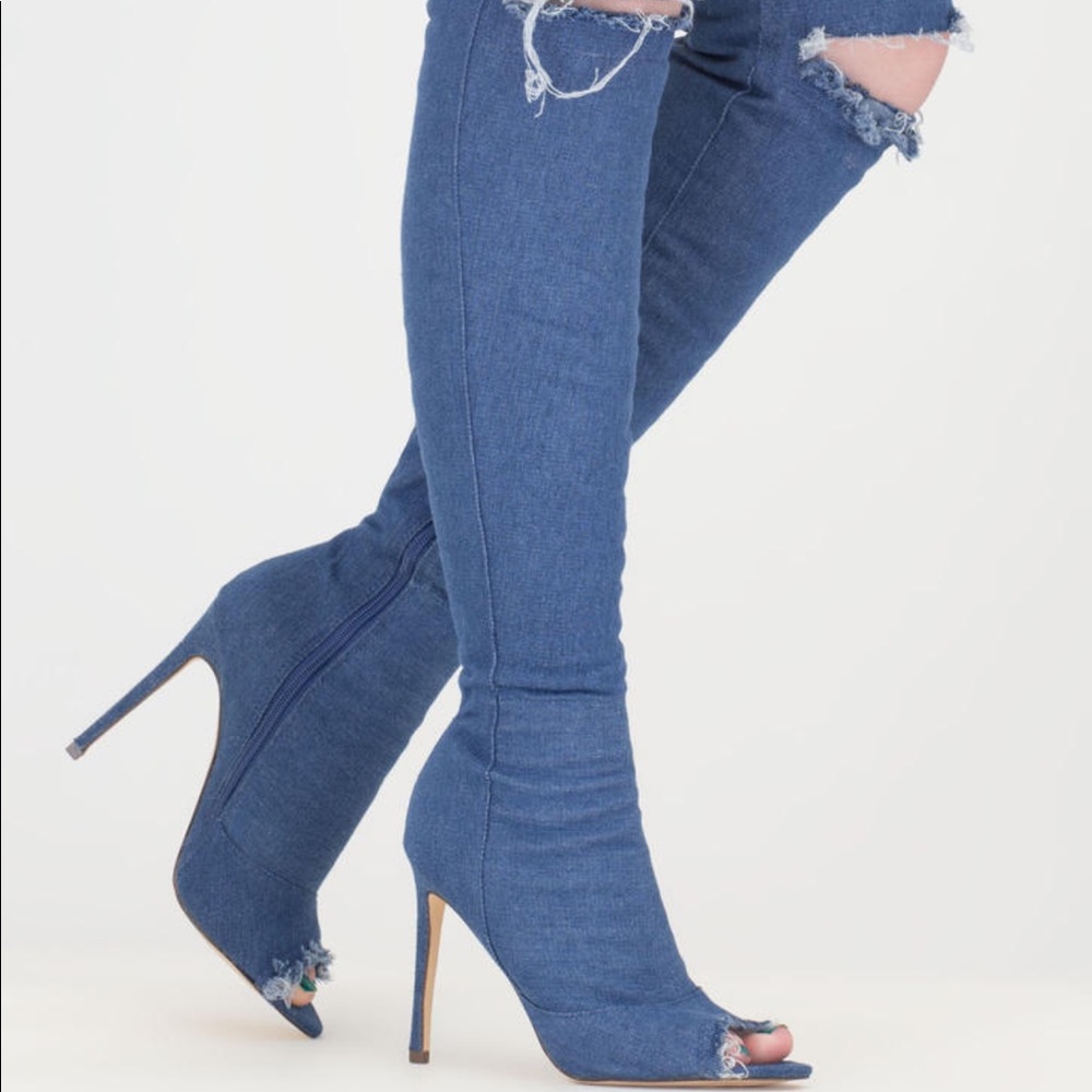 Distressed denim peep toe thigh high boots