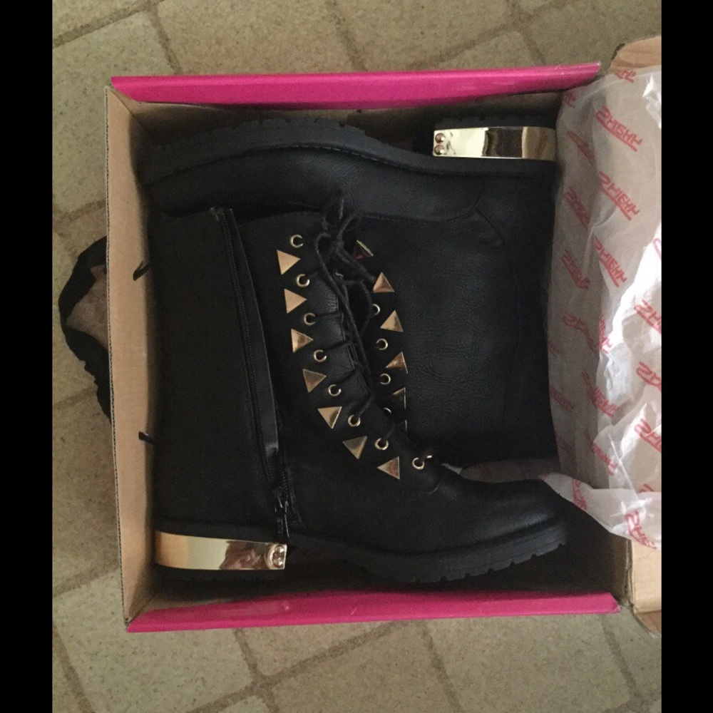 Black Combat Boots with Gold Details