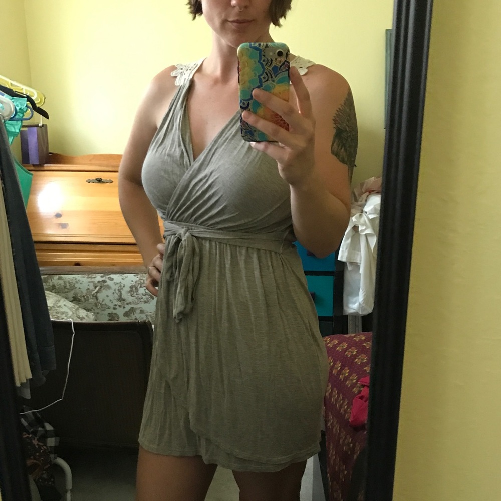 Taupe v-neck crochet dress