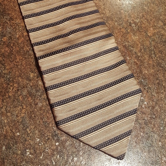 Beige and navy striped Bachrach Tie - Picture 1 of 4