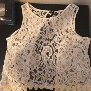 White lace tank top w/ daisies and open back