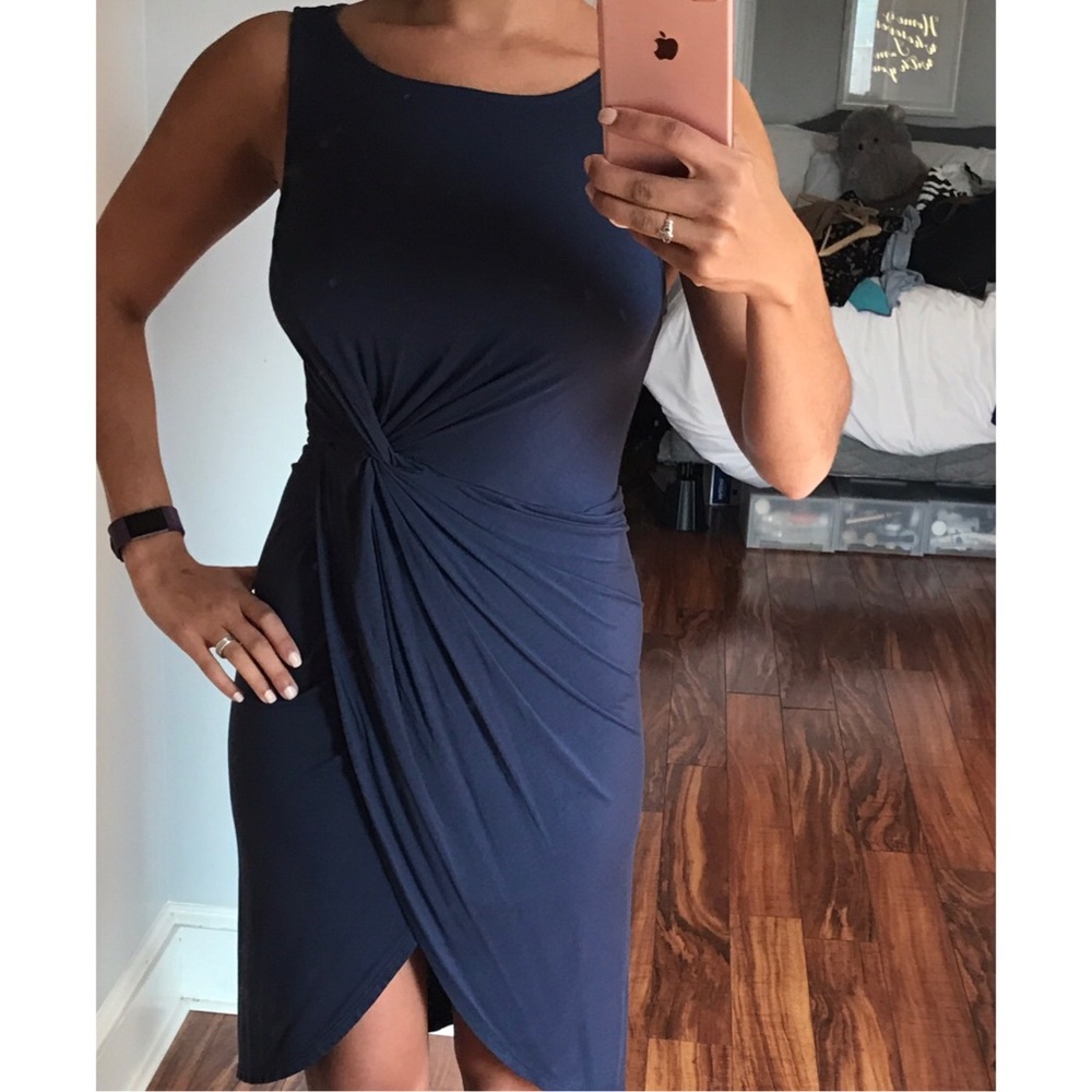 Punch blue slit dress- sinches at the side/oblique