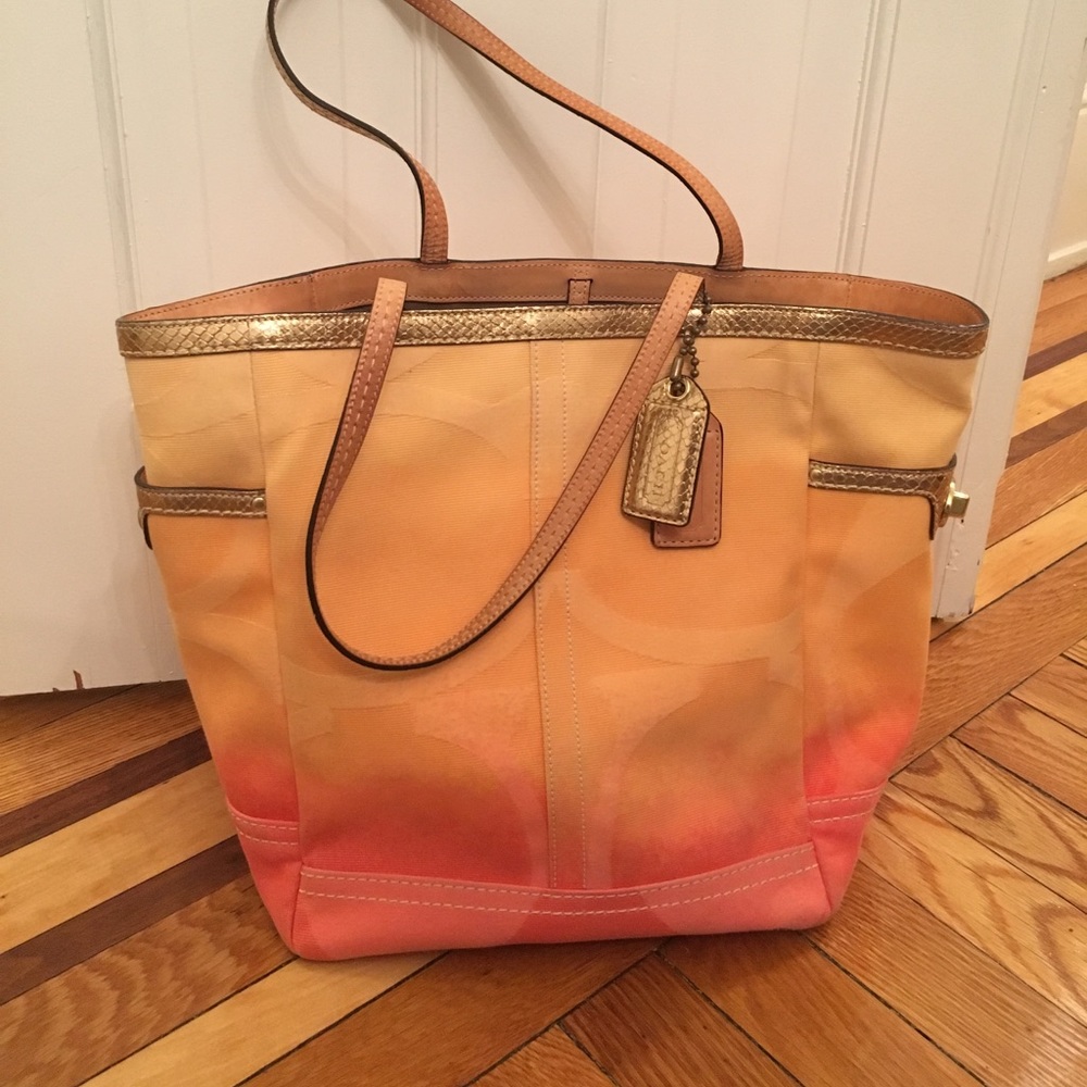 Coach signature orange  ombré sneak skin tote .