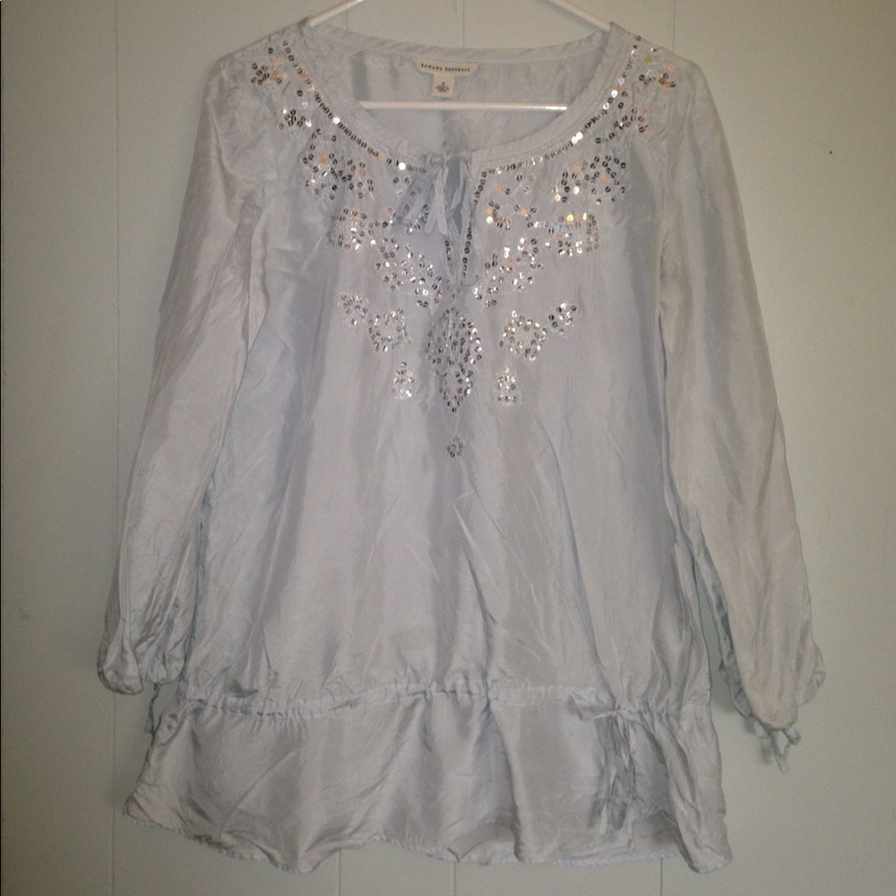 Light blue sequin long sleeve silk blouse