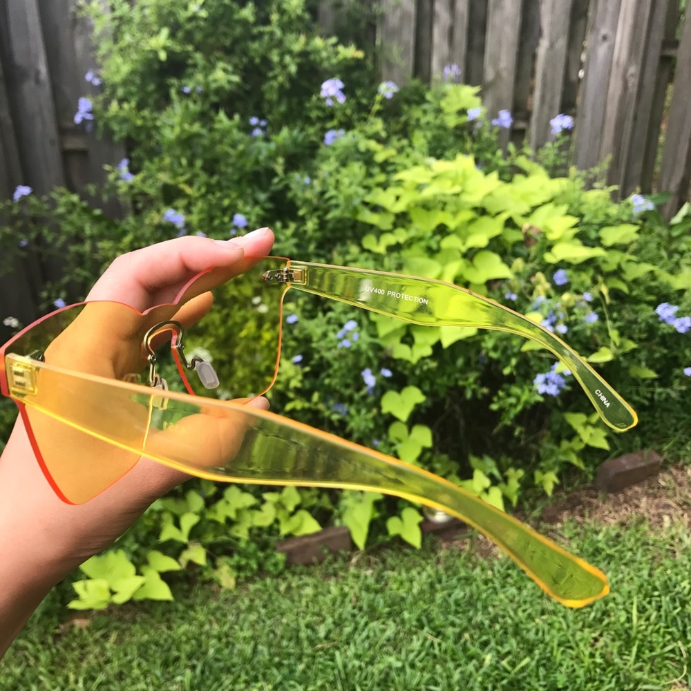 yellow mono block rimless pc pantone sunglasses