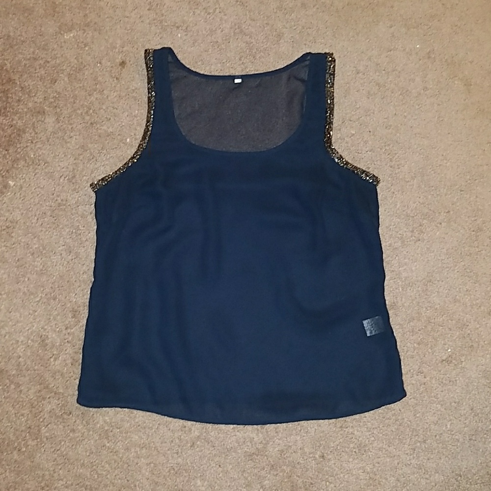 Navy Loose Tank with Detailed Sleeves