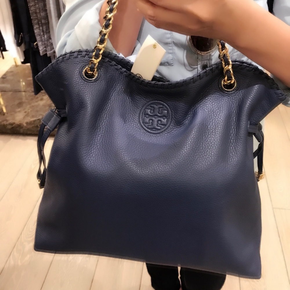 NWT Tory Burch Navy Blue Leather Tote Handbag