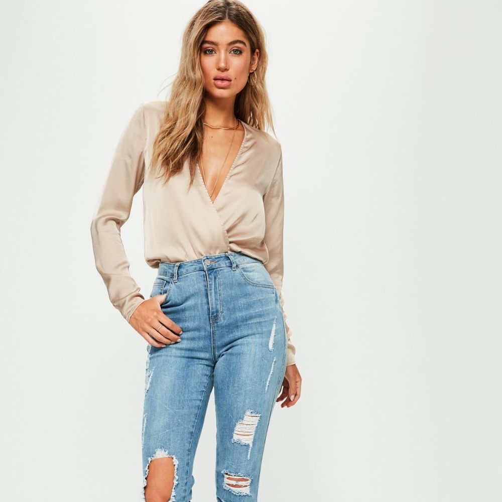 Tall nude deep plunge satin bodysuit