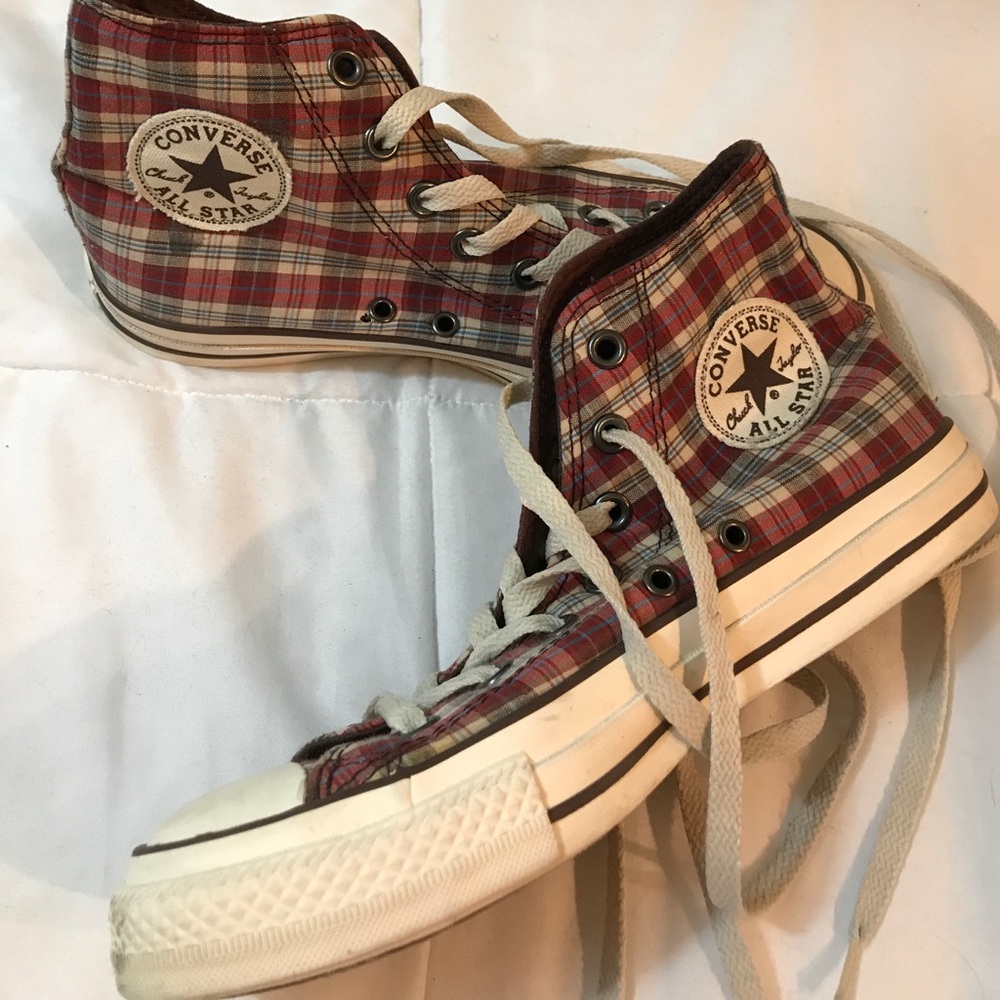 Red cream blue and brown plaid high top converse