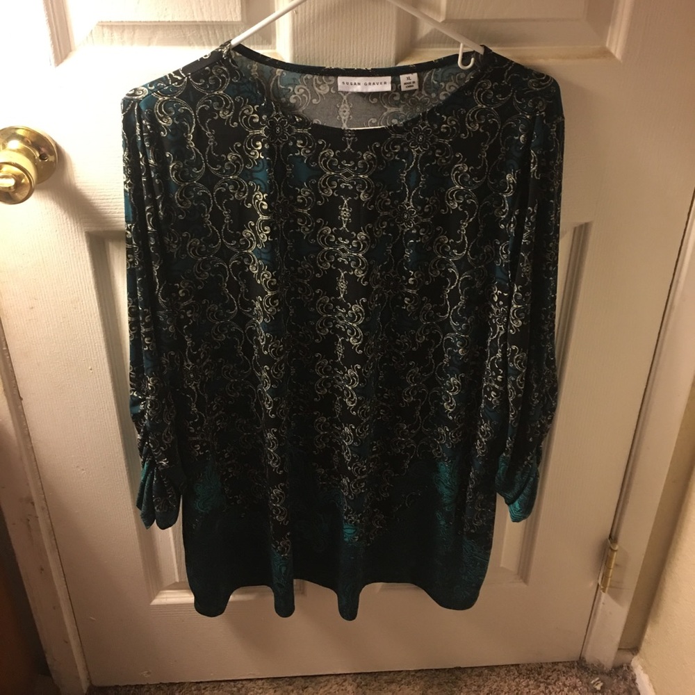 Black and green/blue blouse