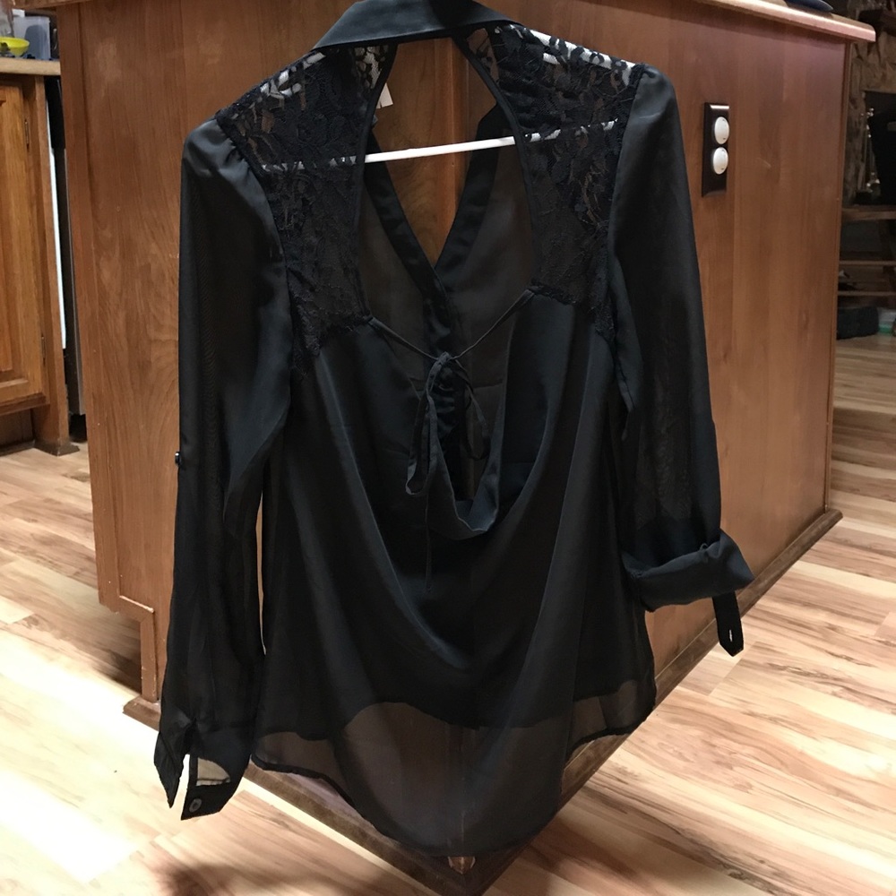 Black sheer with lace blouse- with back cut out