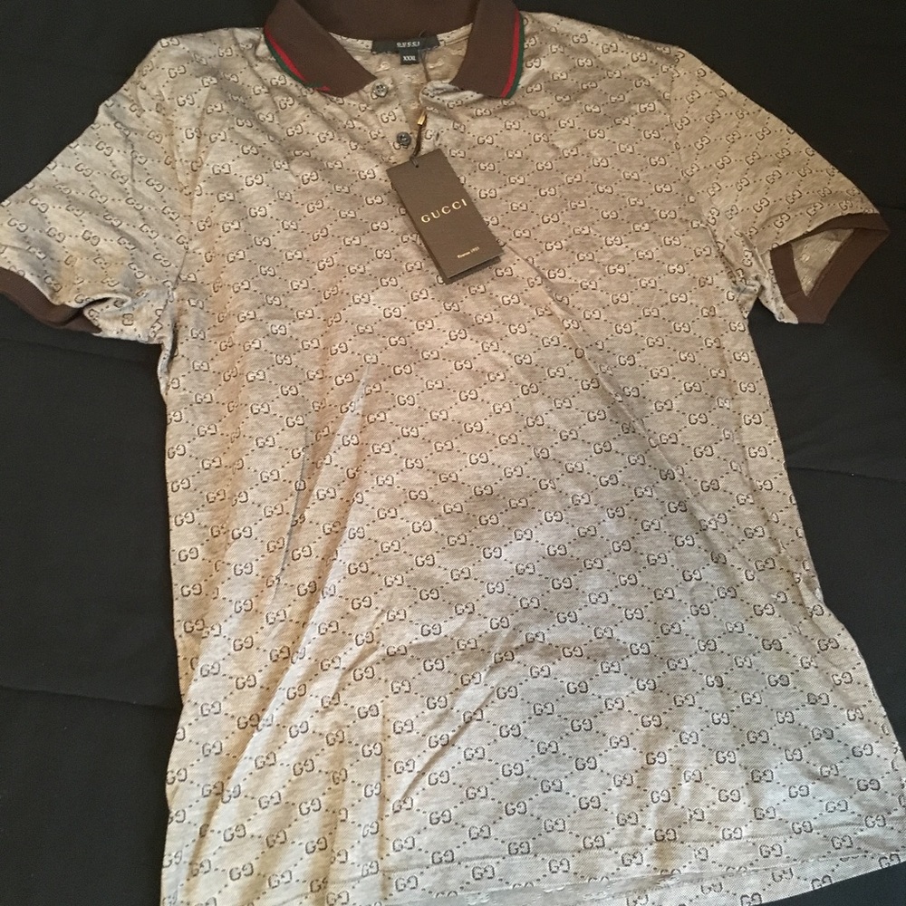 Gucci mens nwt monogram GG print brown polo