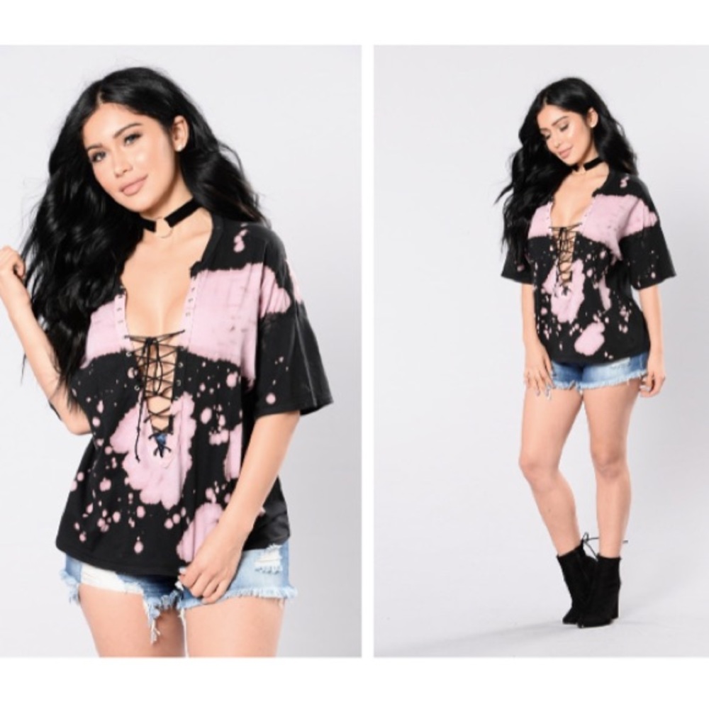 Pink and Black Tie Dye Lace Up Top