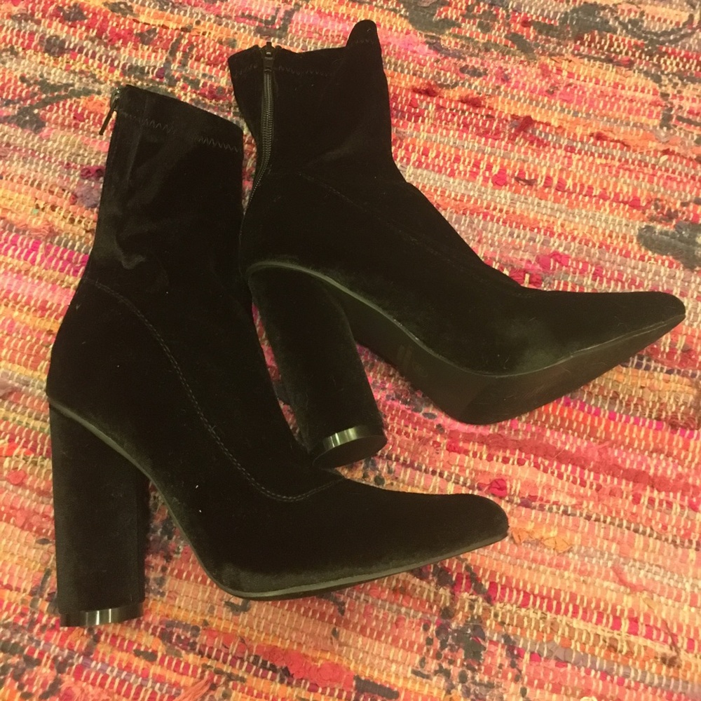 Black velvet pointy mid ankle boots. Never worn!