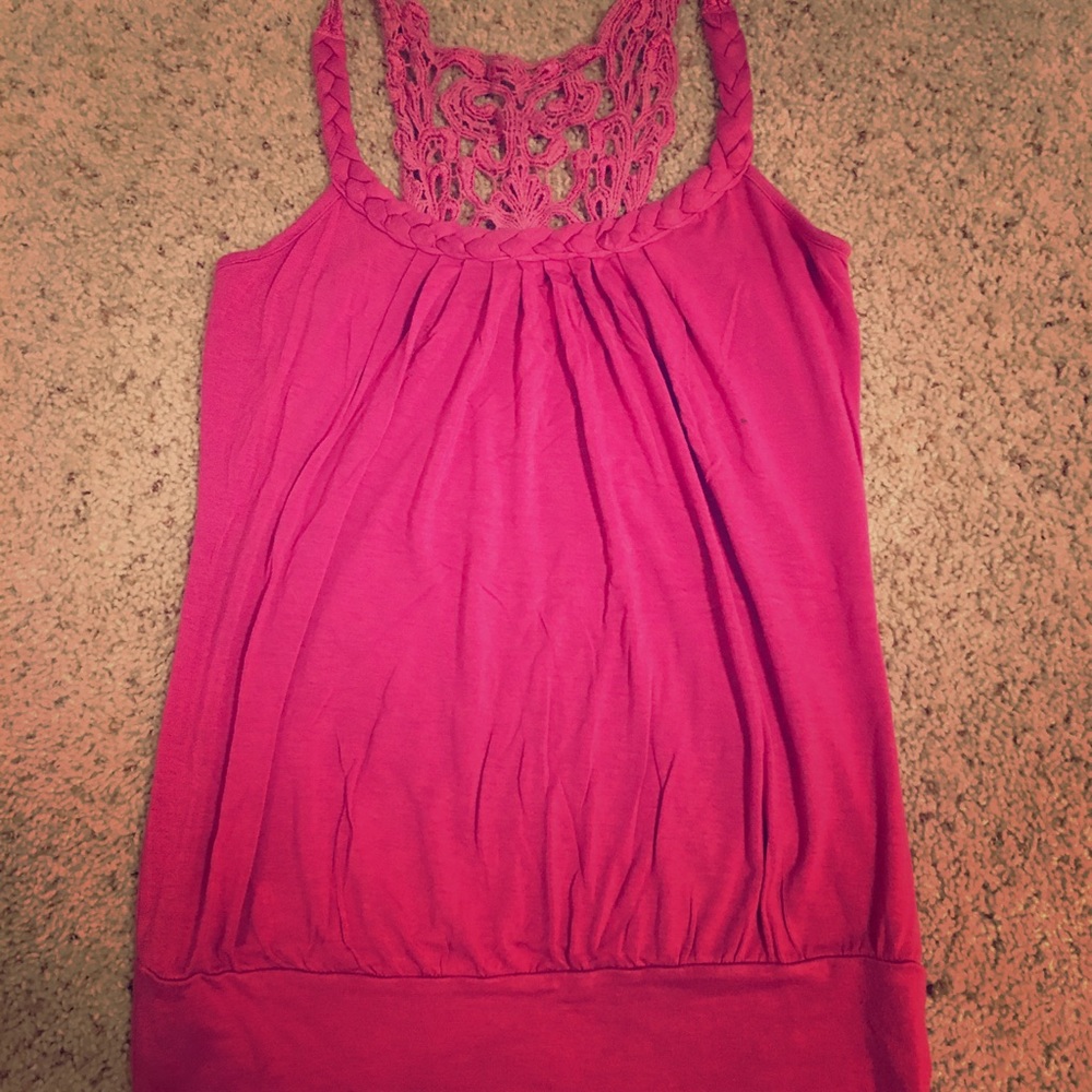 Bright pink flowy tank top with lace back