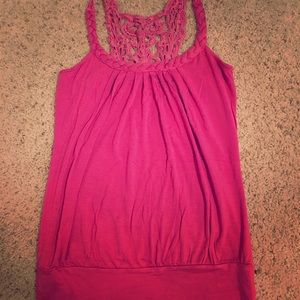 Bright pink flowy tank top with lace back