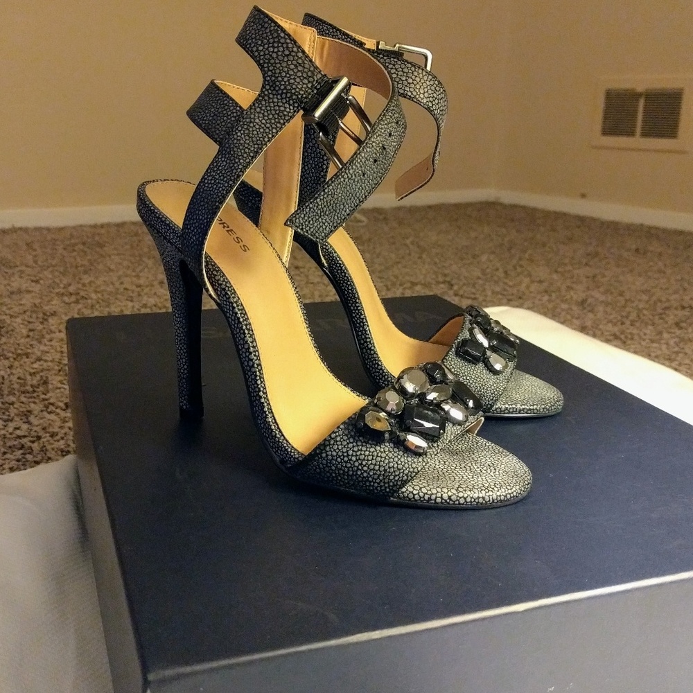 New pebbled grey and black jewelled sandal heels