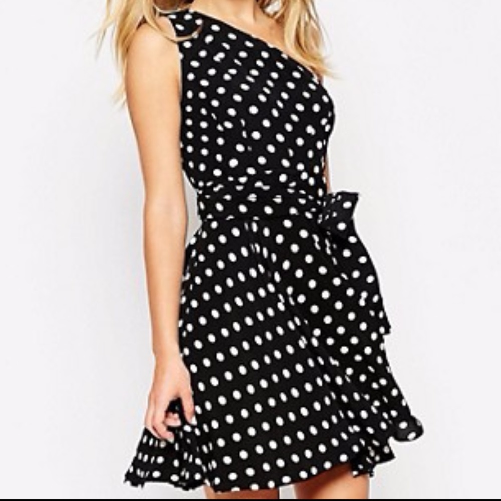 ASOS One Shoulder Spotted Mini Dress With Sash Bow - Picture 1 of 8