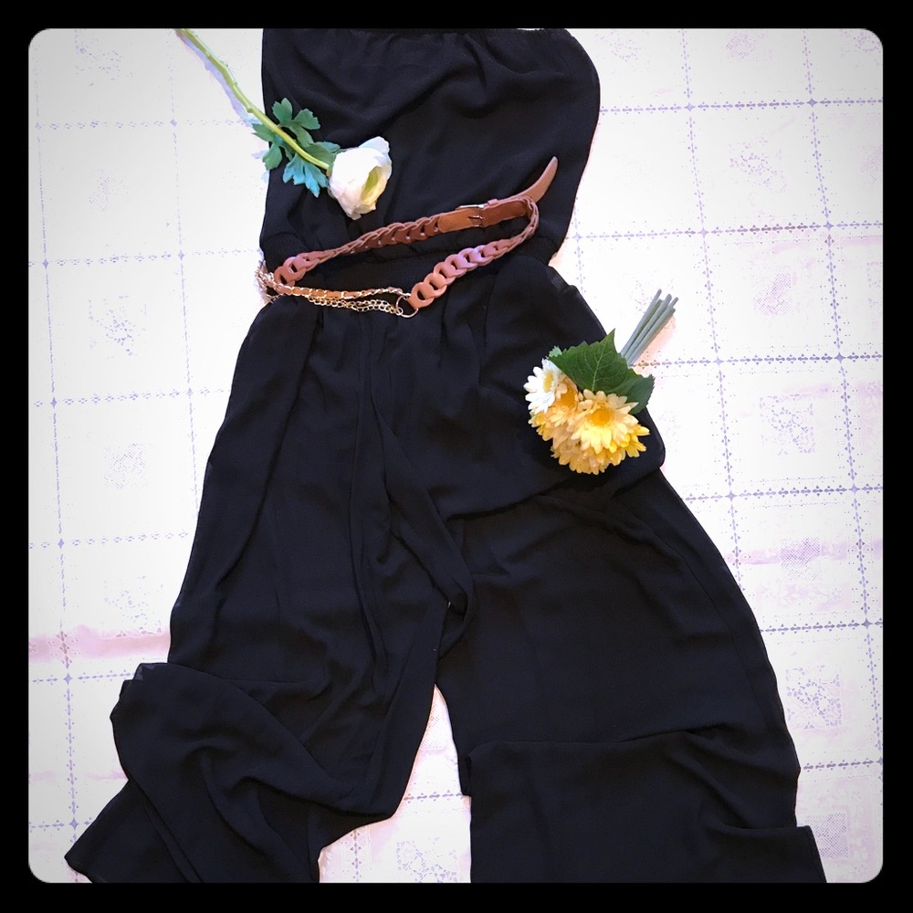 Black chiffon jumpsuit with belt