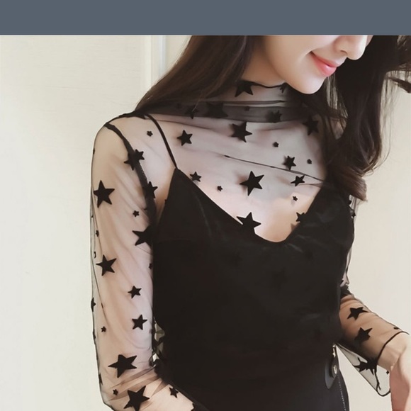 LAST! NWT Black sheer mesh star print top - Picture 2 of 5