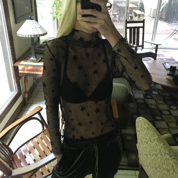 LAST! NWT Black sheer mesh star print top - Picture 3 of 5