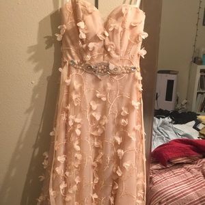 Peach, floral lace, full length prom dress