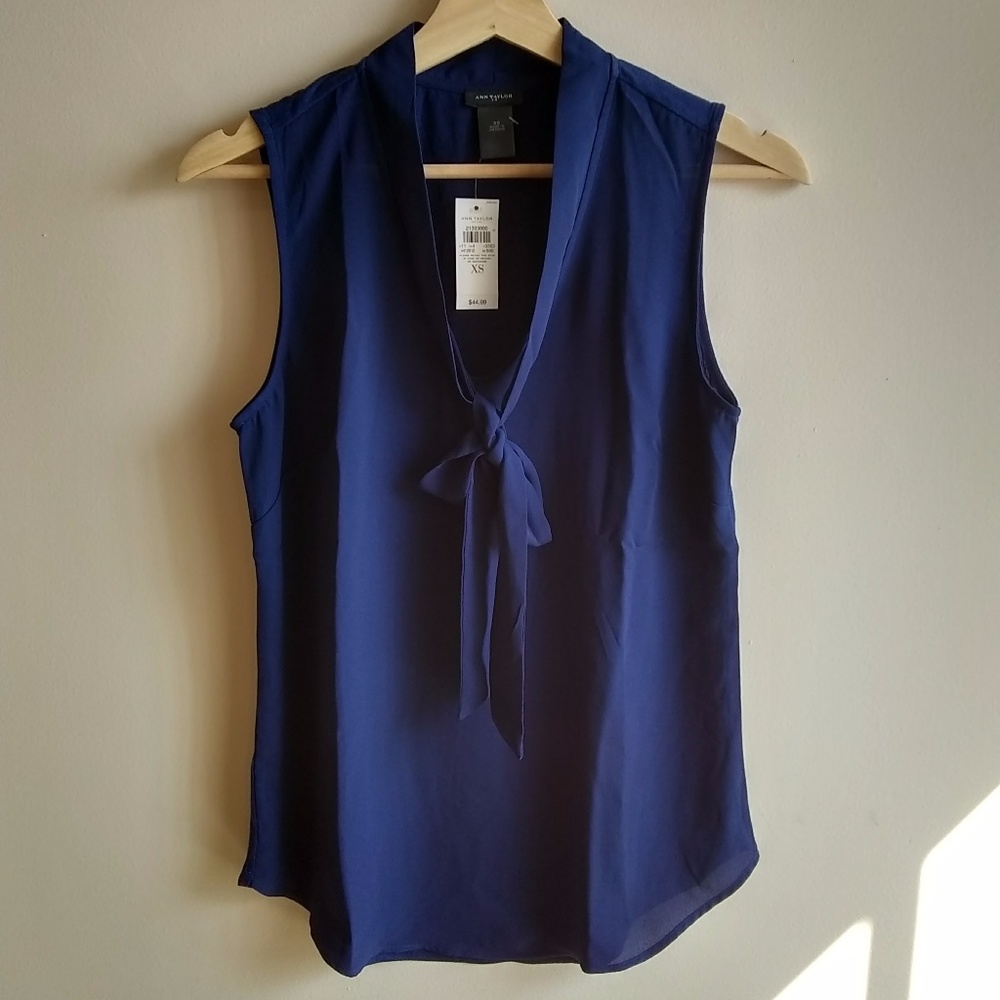 Ann Taylor | Blue Sleeveless Tie Neck Blouse