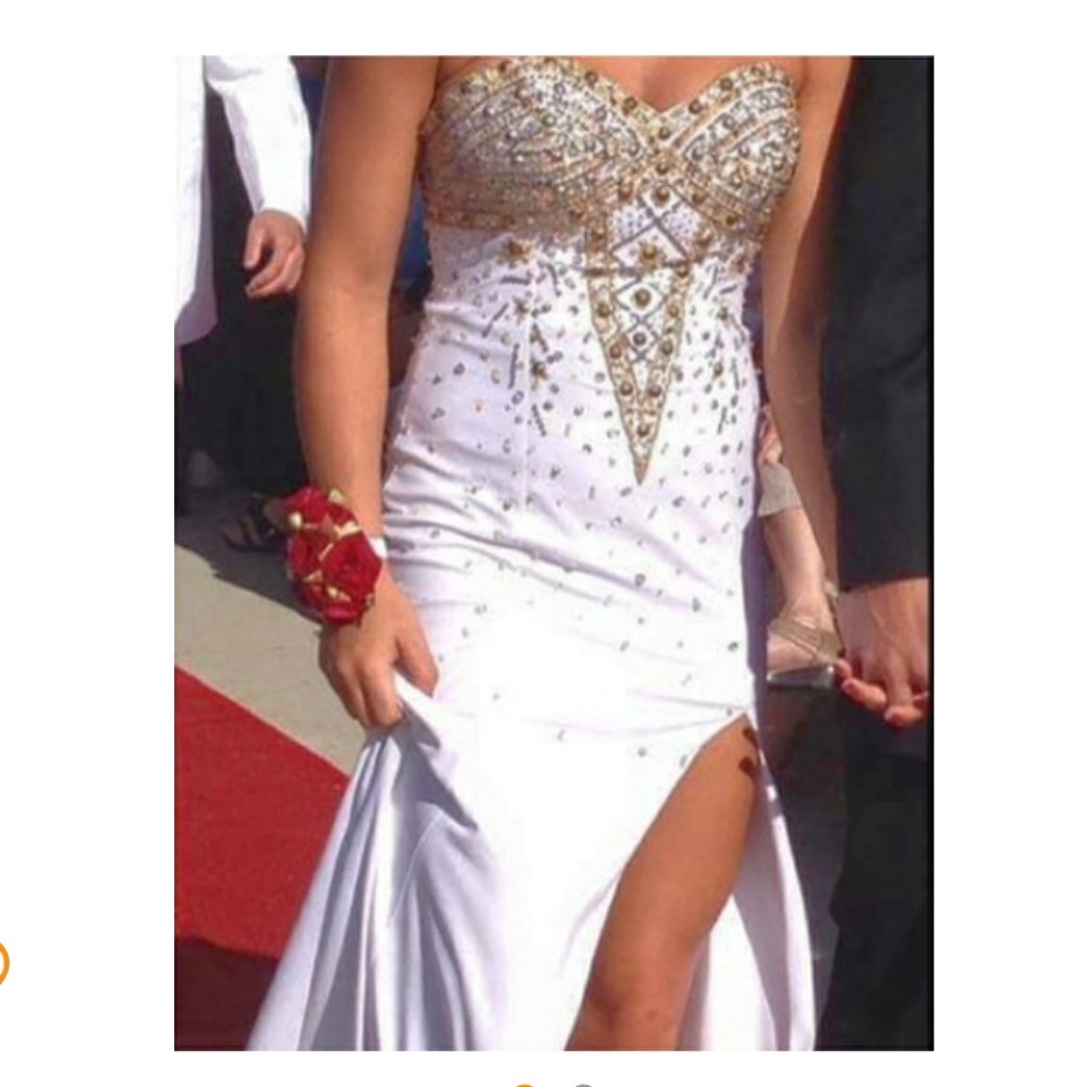 Gorgeous jovani white & gold gown