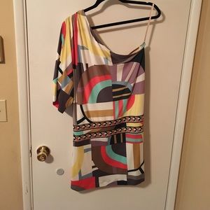BCBG one shoulder geometric dress.