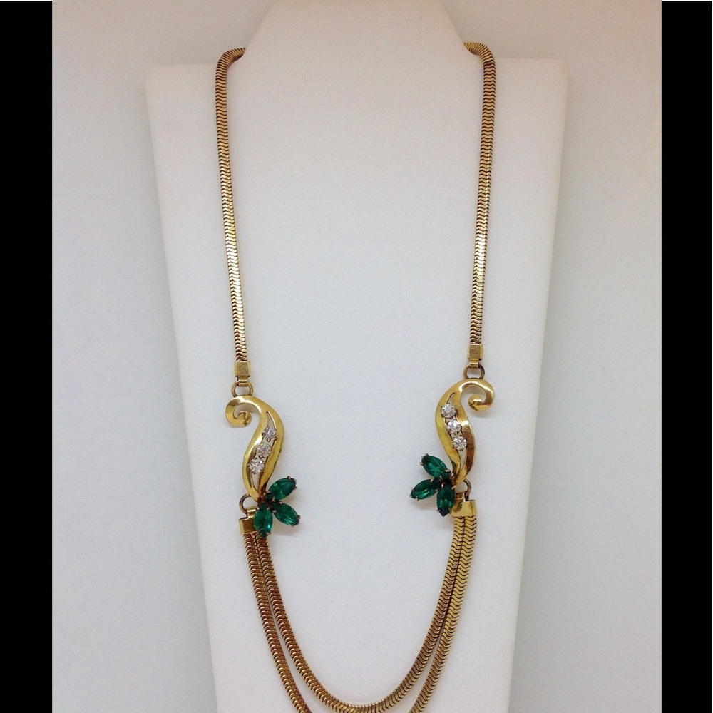 12k Gold Necklace Emerald & clear Crystal Stones