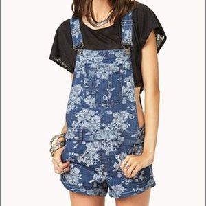 Floral Denim Overall Shorts