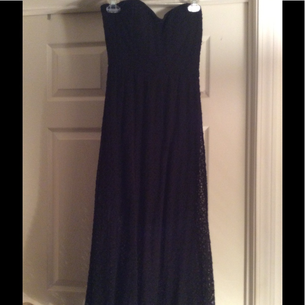 Black strapless lace maxi dress.