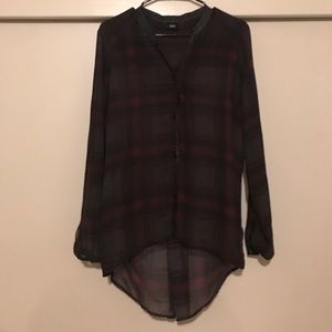 Sheer Plaid Tunic Top with Faux Leather Accents
