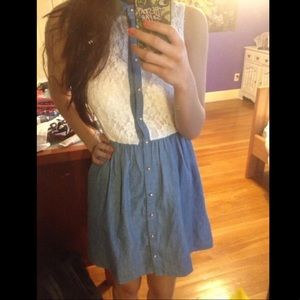 White Lace and Denim Button Up Dress