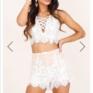 Whimsical Nude mesh 2 piece set with lace overlay