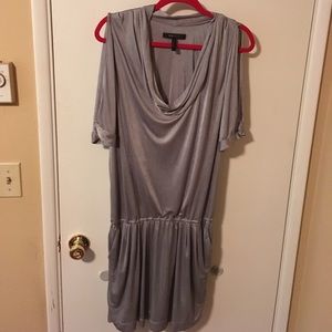BCBG cowl neck, slit arm silver shimmery dress.
