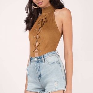 Faux Suede Lace Up Bodysuit