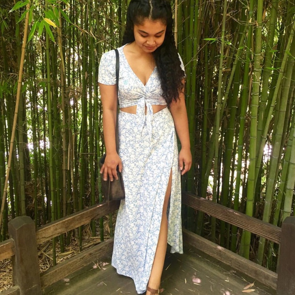 Two piece floral cropped top and maxi skirt set