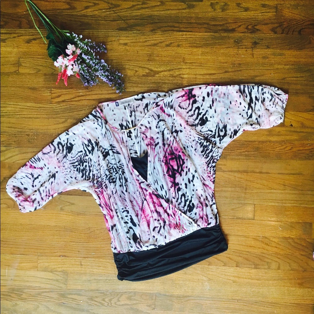 Jennifer Lopez Cross Front Printed Blouse, EUC