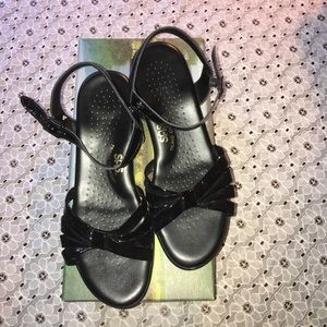 SAS Strippy Black Patent Sandal 7.5 M Comfort