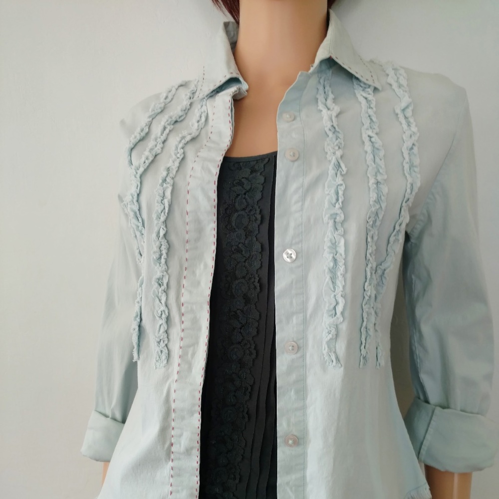 Anthropologie Odille Chambray Ruffle Front Shirt 8