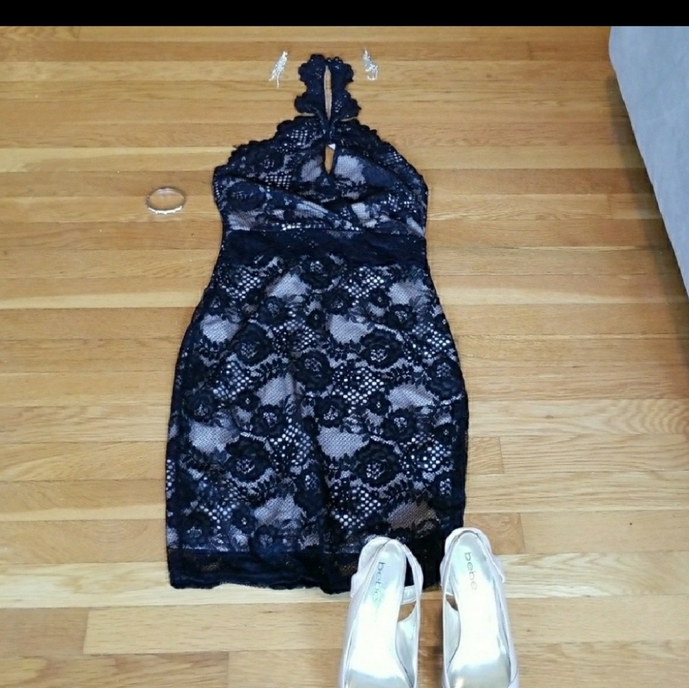 Lipsy black lace mini halter dress