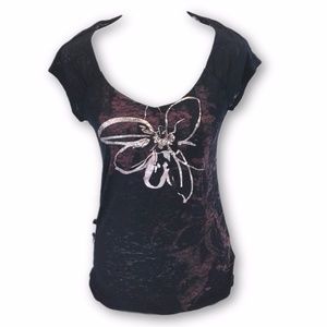DKNY JEANS T SHIRT FLOWER BEADED DETAIL CAP SLEEVE