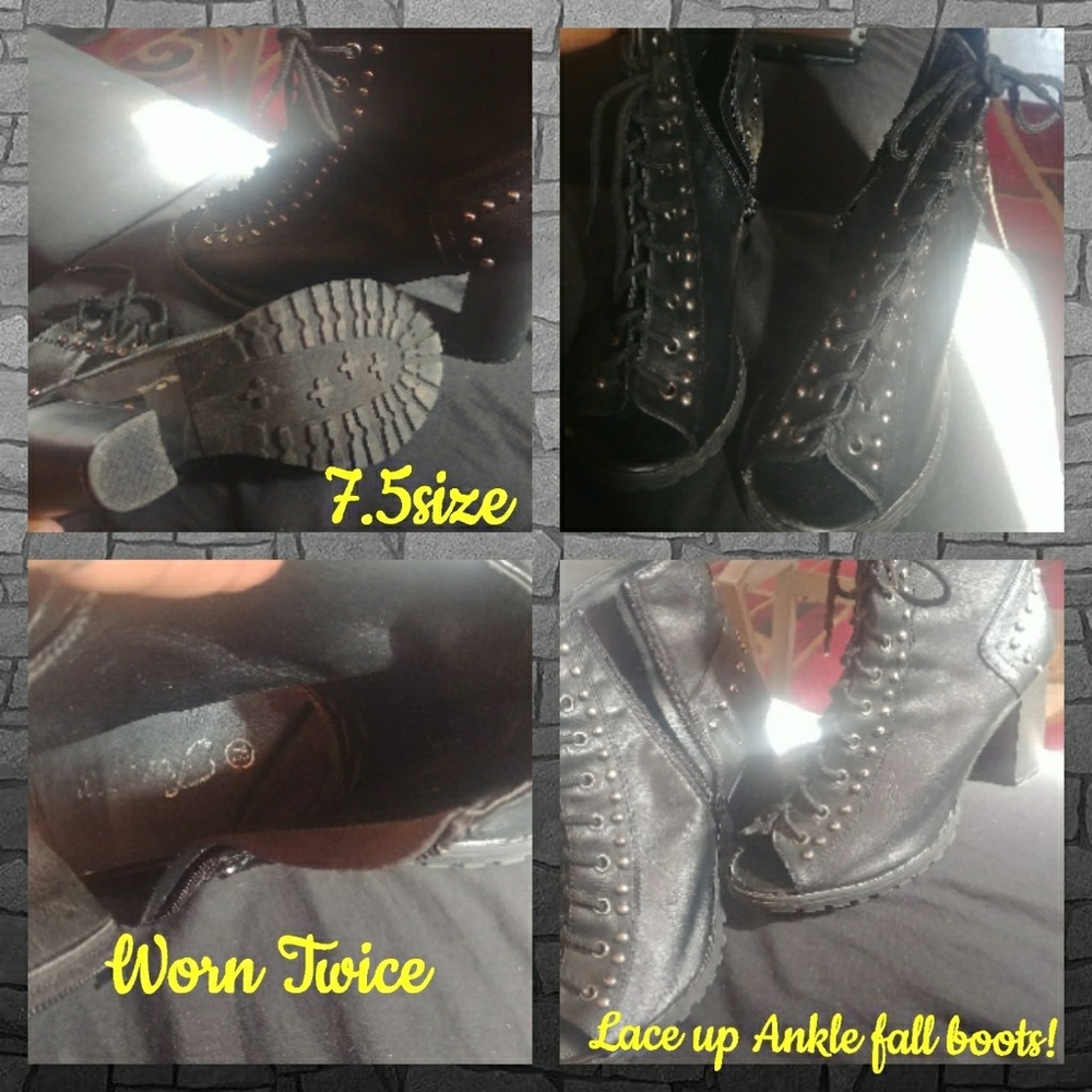 Black leather lace up toe out ankle boots